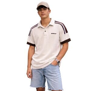 Runner’s World 1970's Terry Cloth Polo Shirt Cream Brown Striped USA Men’s S